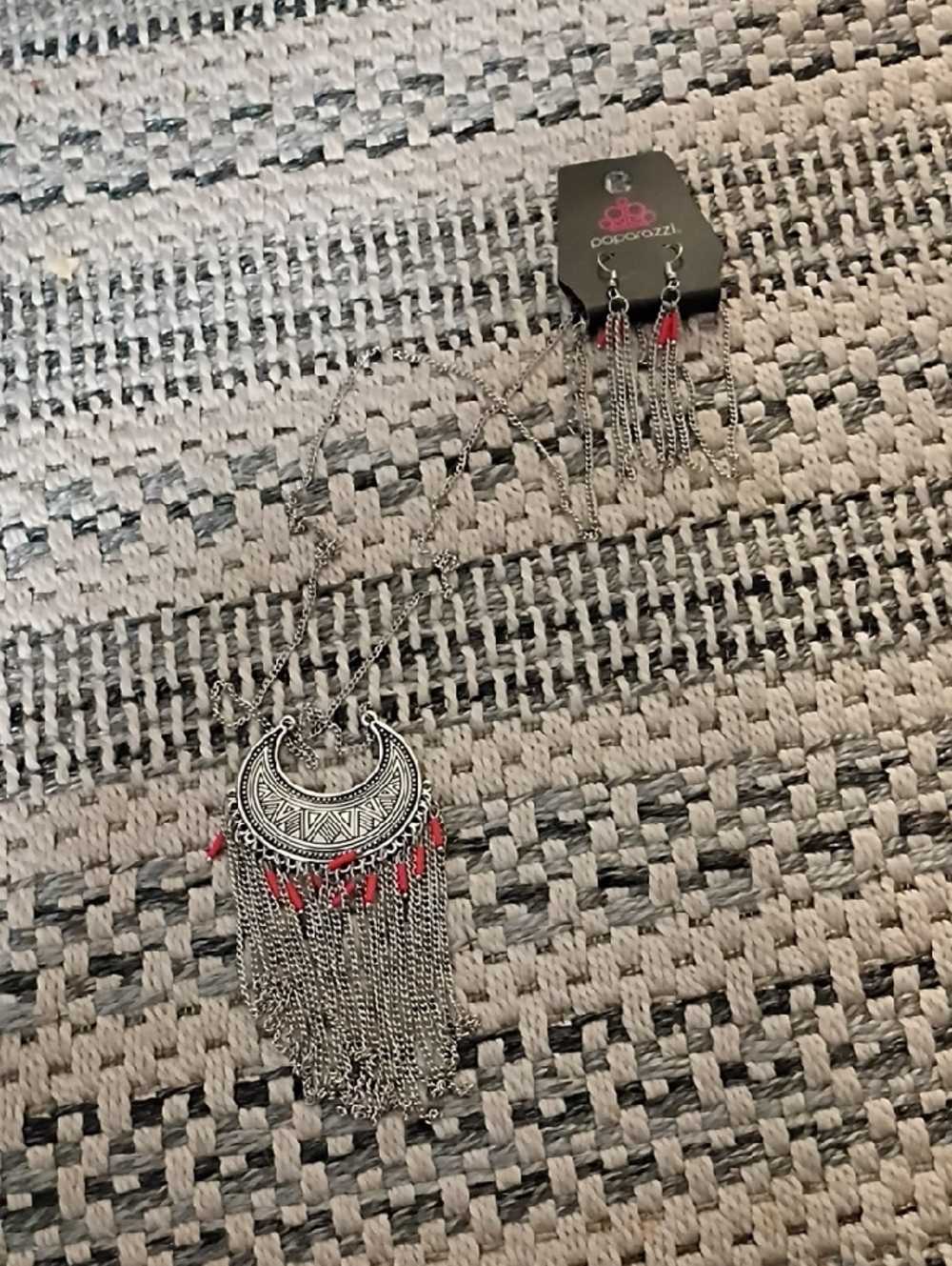 paparazzi Silver Crescent Fringe Necklace with Red Accents